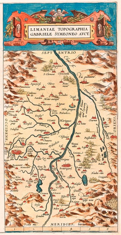 Limaniae topographed Gabriele Symeoneo Avct. Carte géographique du territoire de la Loire avec les châteaux et villes bordant le fleuve (Beaumont, Aigueperse, Clermont et Montferan (Montferrand), Beauregard, Cignac, Montaigu, Puy Guillaume...) tirée de « T - Abraham Ortelius