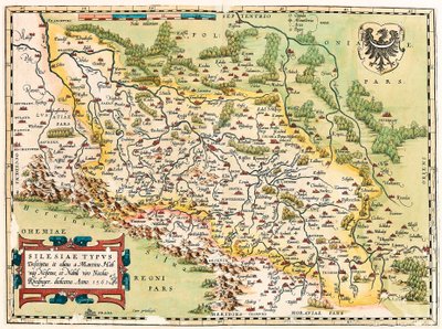 Silesia Typus Descriptio et Descriptus et editus Martino Heilwid Neilsense, et Nobili viro Nicolao Rhedinger dedicatus Anno 1561 Carte géographique du territoire au sud de Francfort en Allemagne près de la Pologne tirée de « Theatrum Orbis Terrarum » par A - Abraham Ortelius