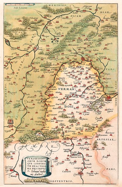 Veromanuorum Eorum que Confinium Accurssima Descript Carte géographique du territoire de Vermandois et de la Picardie en Gaule (France) de « Theatrum Orbis Terrarum » par Abraham Ortelius - Abraham Ortelius