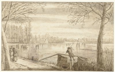 Patineurs sur la rivière Vecht, près de Maarssen, avec les domaines de Daelwijck et Vechthoven au loin - Abraham Rutgers