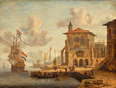 Scène de port avec bâtiment médiéval - Abraham Storck