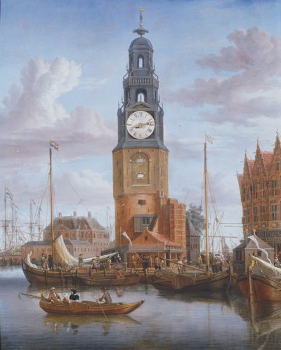 Vue de la tour Haringspacker à Amsterdam, avec une horloge fonctionnelle intégrée dans la peinture, 1684 - Abraham Storck