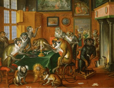 Tabakskollegium von Affen -Smoking party of monkeys ... (huile sur cuivre) - Abraham Teniers
