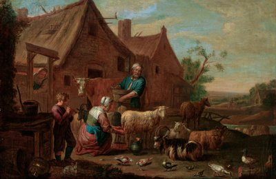 Famille de paysans avec du bétail, des moutons et des chèvres dans une cour de ferme - Abraham Willemsens