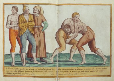 Lutteurs turcs, costumes du XVIe siècle de Omnium Poene Gentium Imagines, publié à Cologne, 1577 (gravure coloriée à la main) - Abraham de Bruyn
