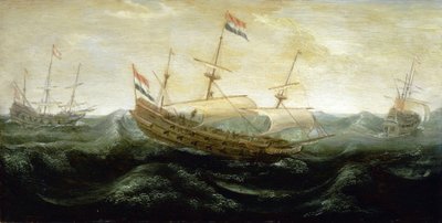 Un navire hollandais naviguant sur une mer très agitée, voyageant avec des voiles réduites, dans lesquelles le vent s
