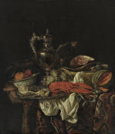 Hollandais : Nature morte avec un pichet en argent reflétant le portrait de l