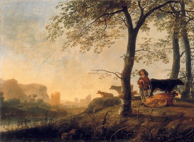 Paysage fluvial du soir avec un vacher et des vaches au bord d