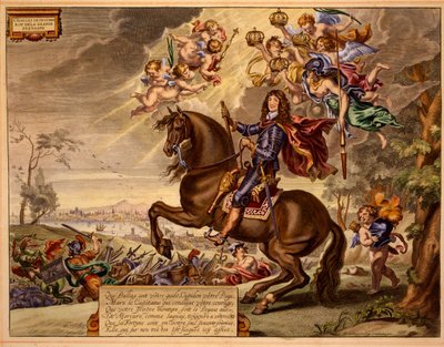 Charles II avec une dédicace en français, avec le vieux pont de Londres en arrière-plan, extrait de The Method and New Invention of Dressing Horses par William Cavendish, publié en 1737 (2e éd.) - Abraham van Diepenbeeck