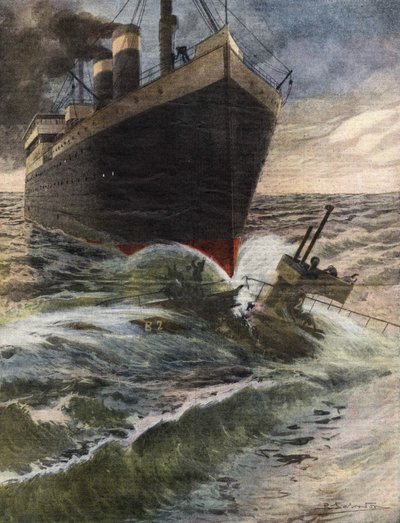Un transatlantique allemand renverse et brise un sous-marin de la flotte anglaise au large des côtes de Douvres - Illustration de Beltrame - « La Domenica del Corriere » octobre 1912 - Achille Beltrame