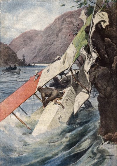 Un vol de reconnaissance dramatique : après un combat, sans moteur ni hélice, deux aviateurs ont réussi à atteindre les lignes italiennes et sont tombés dans la rivière Isonzo. Ill. de Beltrame. La Domenica del Corriere. 10/1917 - Achille Beltrame