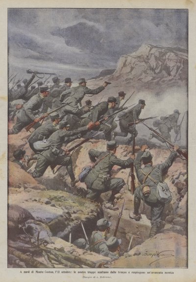 Au nord du Monte Coston, le 11 octobre, nos troupes sortent des tranchées et repoussent une avancée ennemie - Achille Beltrame