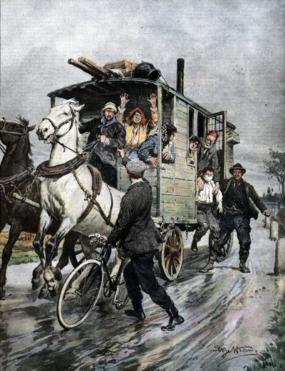 Un jeune garçon a été enlevé par un groupe de gitans près de Cernusco sul Naviglio dans la région de Milan. Ill. de Beltrame. La Domenica del Corriere. 09/1909 - Achille Beltrame