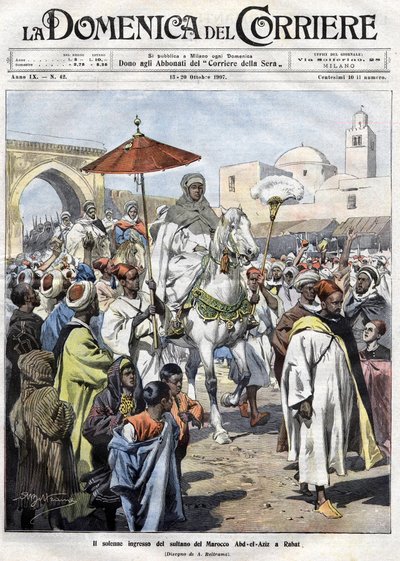 Abd al-Aziz (al-Hasan Mohamed al-Hasani al-Alaoui) entrant à Rabat au Maroc en octobre 1907 - Achille Beltrame