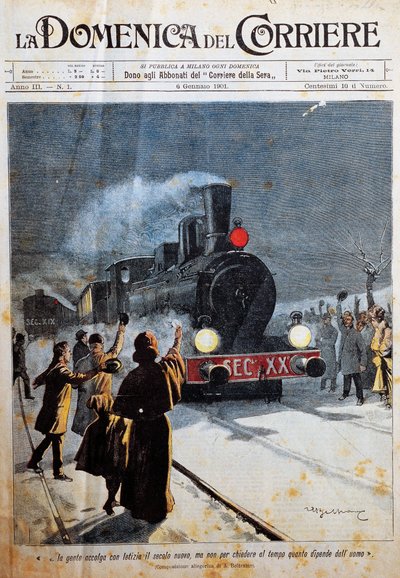 Arrivée du nouveau siècle, les gens accueillent le nouveau siècle avec joie, illustration par Achille Beltrame (1871-1945), de La Domenica del Corriere, 6 janvier - Achille Beltrame