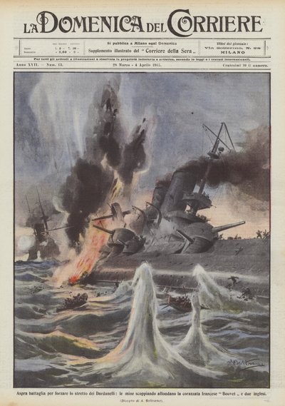 Bataille acharnée pour forcer le détroit des Dardanelles, les mines explosant coulent le cuirassé - Achille Beltrame