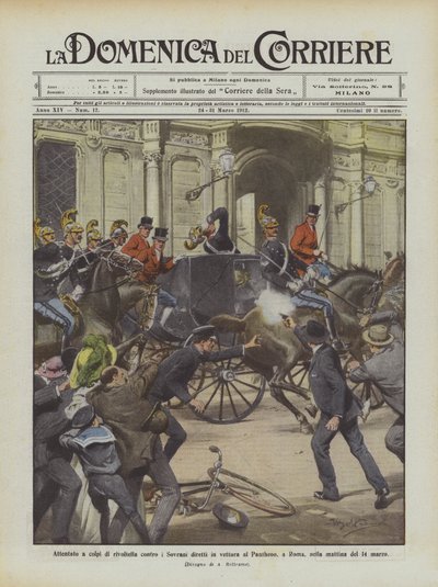 Attentat à coups de revolver contre les Souverains en voiture vers le Panthéon, à Rome, le matin du 14 mars - Achille Beltrame