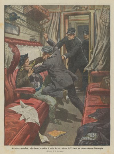 Aventures dangereuses, voyageur attaqué de nuit dans une voiture de première classe sur le direct Gênes-Vintimille - Achille Beltrame