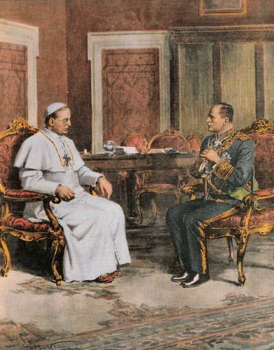 Benito Mussolini en réunion avec le pape Pie XI le 11 février - Achille Beltrame