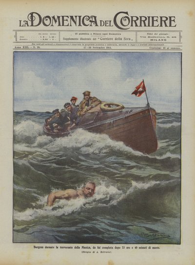 Burgess pendant la traversée de la Manche, accomplie après 23 heures et 40 minutes de nage - Achille Beltrame