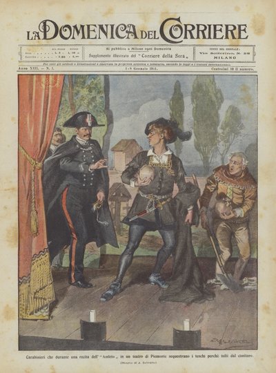 Carabiniers saisissant des crânes pendant une représentation de Hamlet dans un théâtre du Piémont ? - Achille Beltrame