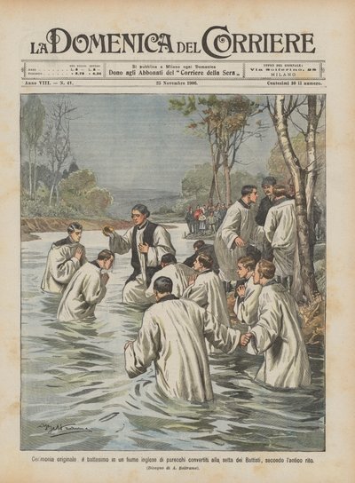 Cérémonie originale, le baptême dans une rivière anglaise de plusieurs convertis à une secte - Achille Beltrame