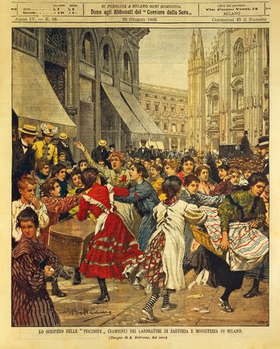 Grève des enfants connue sous le nom de Piscinine dans les ateliers de couture et de chapellerie à Milan, illustration par Achille Beltrame, La Domenica del Corriere, 29 juin 1902 - Achille Beltrame