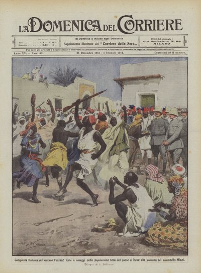 Conquête italienne du lointain Fezzan, fêtes et hommages de la population noire du village de Brak - Achille Beltrame