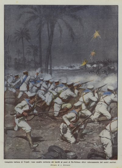 Conquête italienne de Tripoli, assaut nocturne vain des Turcs aux puits de Bu-Meliana défendus - Achille Beltrame