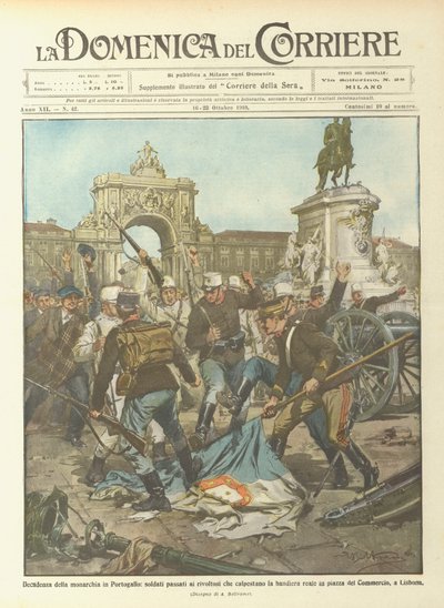 Déclin de la monarchie au Portugal, soldats passés aux insurgés piétinant le drapeau ? - Achille Beltrame
