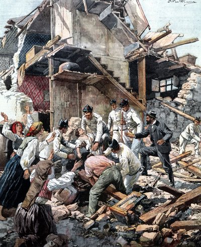 Tremblement de terre à Reggio (Calabre) le 28/12/1908. Les soldats recherchent les victimes du tremblement de terre dans les décombres. Illustration de Beltrame. - Achille Beltrame