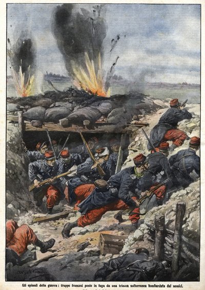 Épisode de la guerre de 1914 : Les troupes françaises dans les tranchées sont bombardées par les ennemis. « La Domenica del Corriere » - Achille Beltrame