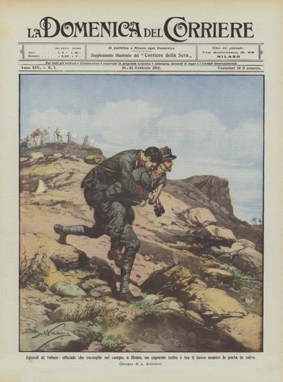 Épisodes de bravoure, un officier ramasse sur le champ de bataille, à Homs, un caporal blessé sous le feu - Achille Beltrame