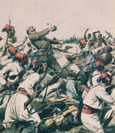 Attaque éthiopienne sur la garnison de Lugh et meurtre du capitaine Bongiovanni, illustration de Achille Beltrame, de La Domenica del Corriere - Achille Beltrame