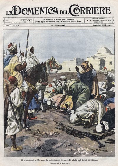 Événements au Maroc : une tribu rebelle se rend aux représentants du sultan. Illustration de Beltrame. La Domenica del Corriere - Achille Beltrame