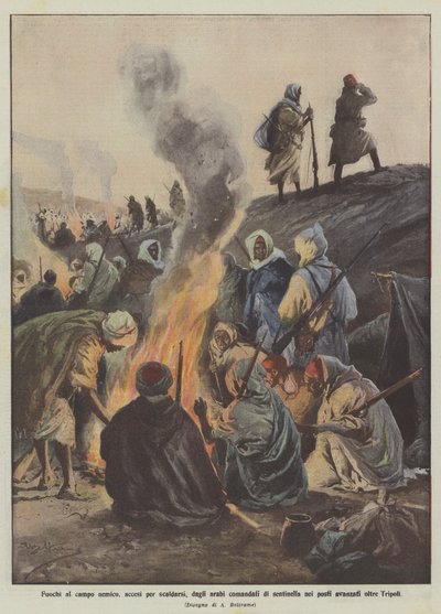 Feux au camp ennemi, allumés pour se réchauffer, par les Arabes en sentinelle dans les postes avancés au-delà de Tripoli - Achille Beltrame