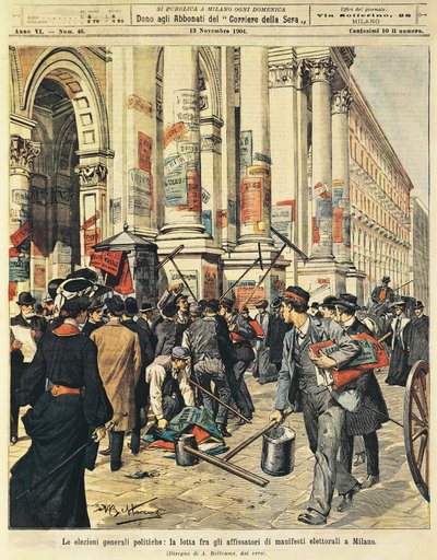 Élections générales à Milan : confrontations entre personnes collant des affiches politiques à Milan, par Achille Beltrame, de La Domenica del Corriere - Achille Beltrame
