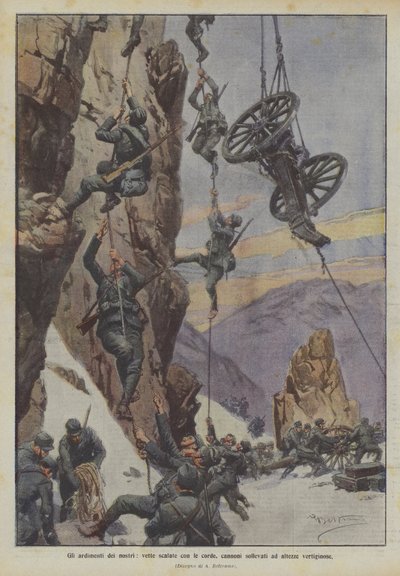 Les audaces de nos troupes, des sommets escaladés avec des cordes, des canons élevés à des hauteurs vertigineuses - Achille Beltrame