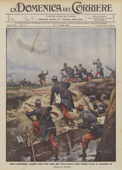 Guerre très moderne, avion allemand abattu dans les tranchées françaises, près de Soissons - Achille Beltrame