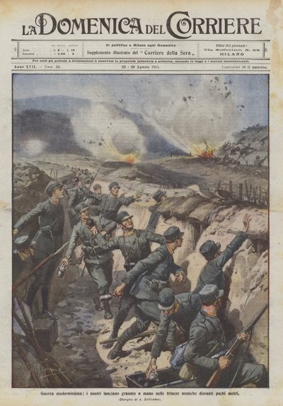 Guerre très moderne, nos troupes lancent des grenades à main dans les tranchées ennemies à quelques mètres de distance - Achille Beltrame