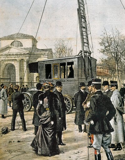 Guglielmo Marconi assiste à Milan au test de la première station radio mobile. Illustration d