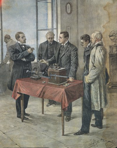 Guglielmo Marconi testant la télégraphie sans fil à travers la Manche. Illustration de Achille Beltrame dans le journal italien 