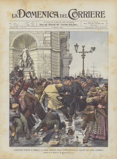 Les sanglantes émeutes de Trieste, la foule chargée par les troupes devant le palais du Lloyd autrichien - Achille Beltrame