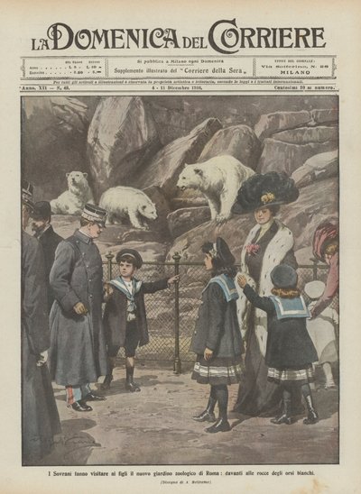 Les souverains font visiter à leurs enfants le nouveau jardin zoologique de Rome, devant les rochers des ours blancs - Achille Beltrame