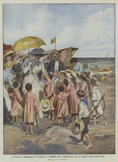 Les Souverains en villégiature, la Reine parmi les enfants pauvres envoyés pour soins aux bains de mer près de Pise - Achille Beltrame