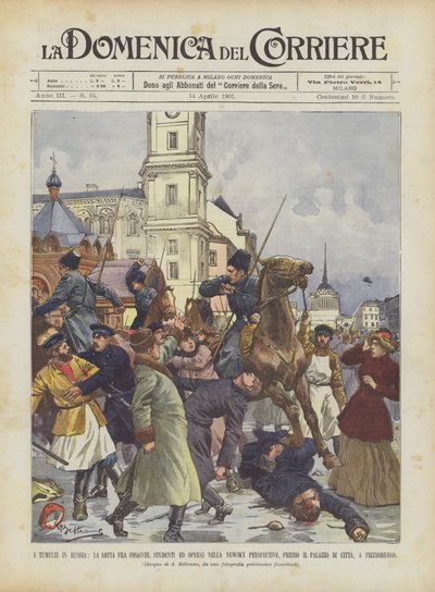 Les émeutes en Russie, la lutte entre cosaques, étudiants et ouvriers dans la perspective Nevski - Achille Beltrame