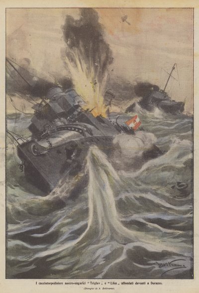Les destroyers austro-hongrois Triglav et Lika coulés devant Durazzo - Achille Beltrame