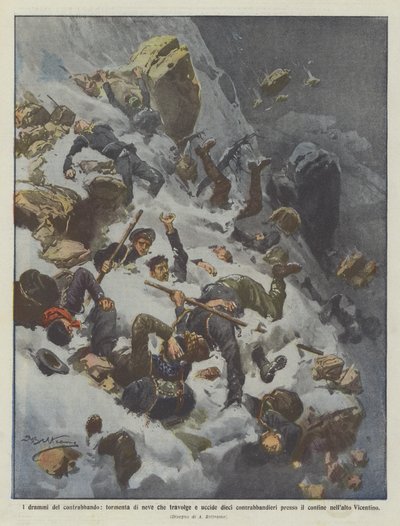 Les drames de la contrebande, tempête de neige qui emporte et tue dix contrebandiers près de ? - Achille Beltrame