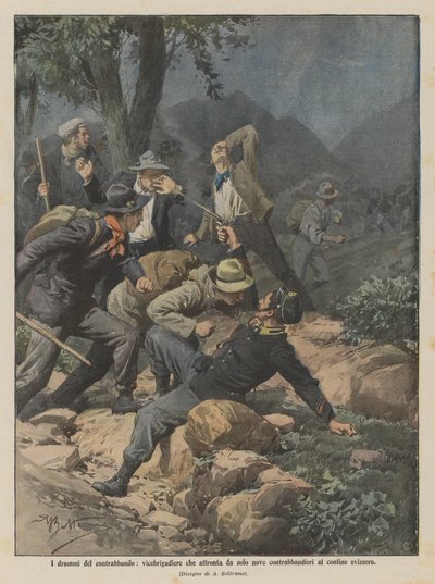 Les drames de la contrebande, un vice-brigadier affrontant seul neuf contrebandiers à la frontière suisse - Achille Beltrame