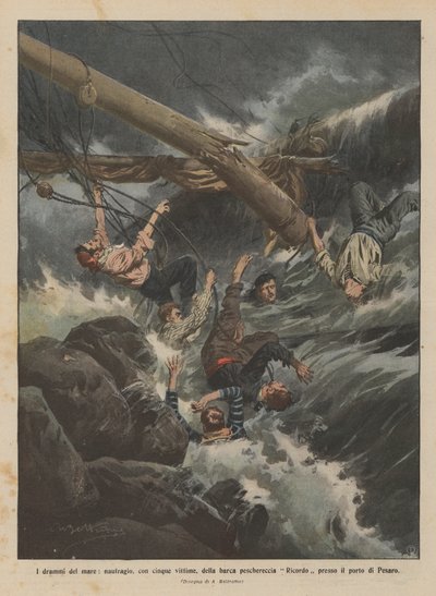 Les drames de la mer, naufrage avec cinq victimes du bateau de pêche Ricordo près du port de Pesaro - Achille Beltrame